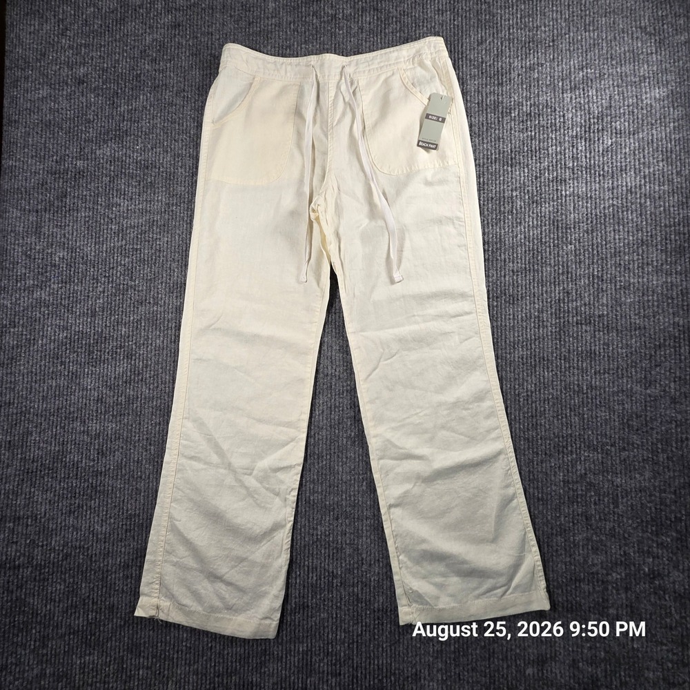 Per Se Women Cream Linen Blend Beach Pants Straight Leg Drawstring Size 6 NWT